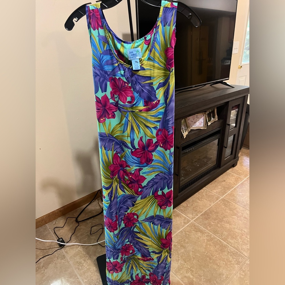 Jane Ashley Teal Floral Maxi Dress with Purple and Pink Accents vintage